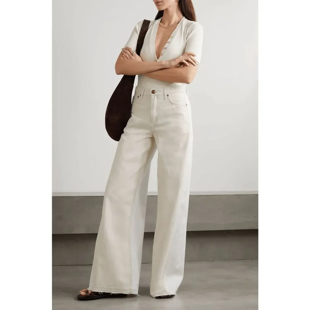 Rag & Bone Sofie Two-tone Frayed High-rise Wide-leg Jeans Ecru White Size 29 - Picture 1 of 13